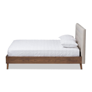 Baxton Studio Baxton Studio Mid-Century Modern Light Beige Upholstered Platform Bed with Walnut Wood Frame Design King BBT6729-Light Beige-King