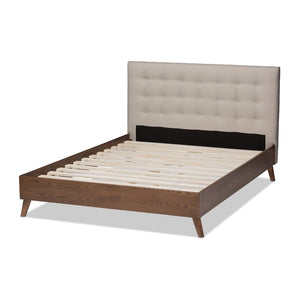 Baxton Studio Baxton Studio Mid-Century Modern Light Beige Upholstered Platform Bed with Walnut Wood Frame Design King BBT6729-Light Beige-King