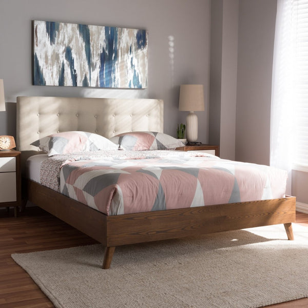 Baxton Studio Baxton Studio Mid-Century Modern Light Beige Upholstered Platform Bed with Walnut Wood Frame Design King BBT6729-Light Beige-King