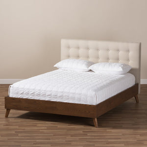 Baxton Studio Baxton Studio Mid-Century Modern Light Beige Upholstered Platform Bed with Walnut Wood Frame Design King BBT6729-Light Beige-King