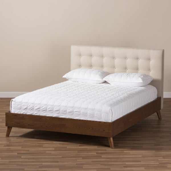 Baxton Studio Baxton Studio Mid-Century Modern Light Beige Upholstered Platform Bed with Walnut Wood Frame Design King BBT6729-Light Beige-King