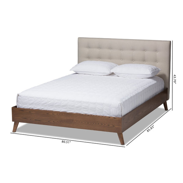 Baxton Studio Baxton Studio Mid-Century Modern Light Beige Upholstered Platform Bed with Walnut Wood Frame Design King BBT6729-Light Beige-King