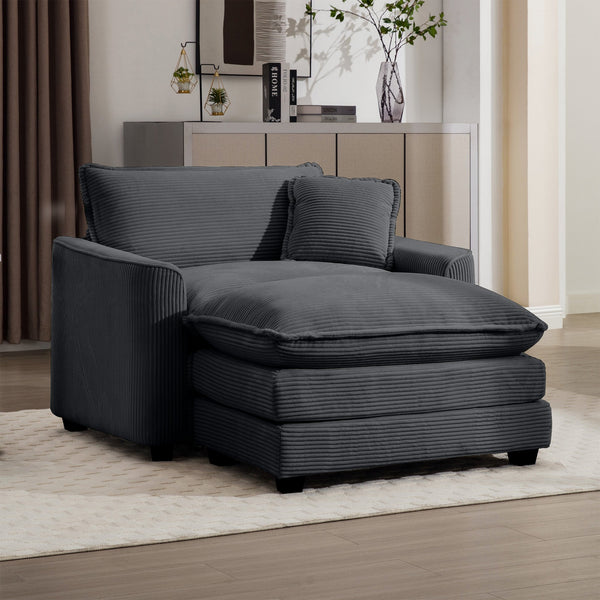 English Elm Comfortable Single Chair With Footstool & Pillow – Soft Grey Corduroy For Living Room & Bedroom Use W714S00703