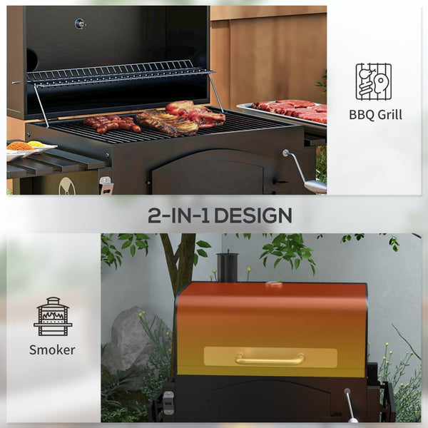 English Elm Outsunny Steel Offset Smoker Charcoal Grill Combo with Wheels and Dual Shelves W2225P174312