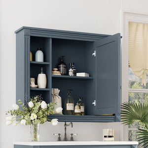 English Elm 35'' Modern Medicine Cabinet with Mirror and Towel Rod, MDF Wall-Mounted Bathroom Storage with Adjustable Shelves and Soft-Close Hinges Blue WF305081AAC