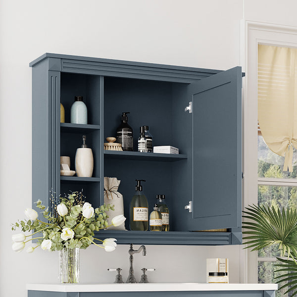 English Elm 35'' Modern Medicine Cabinet with Mirror and Towel Rod, MDF Wall-Mounted Bathroom Storage with Adjustable Shelves and Soft-Close Hinges Blue WF305081AAC