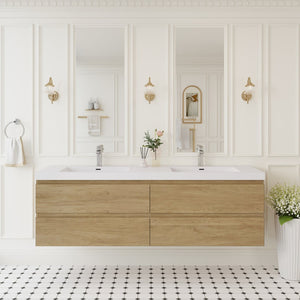 English Elm 72'' Floating Double Vanity Smoked Walnut Fluted Mdf Cabinet with Quartz Basins W1920P385505
