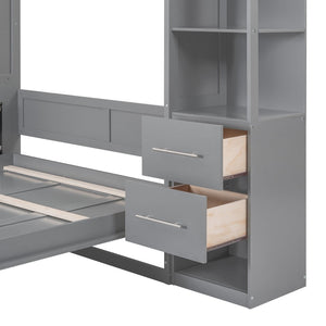 English Elm Queen Murphy Wall Bed with Led Lighting Open Shelves Drawers Space Saving Cabinet Gray LP000566AAE-3