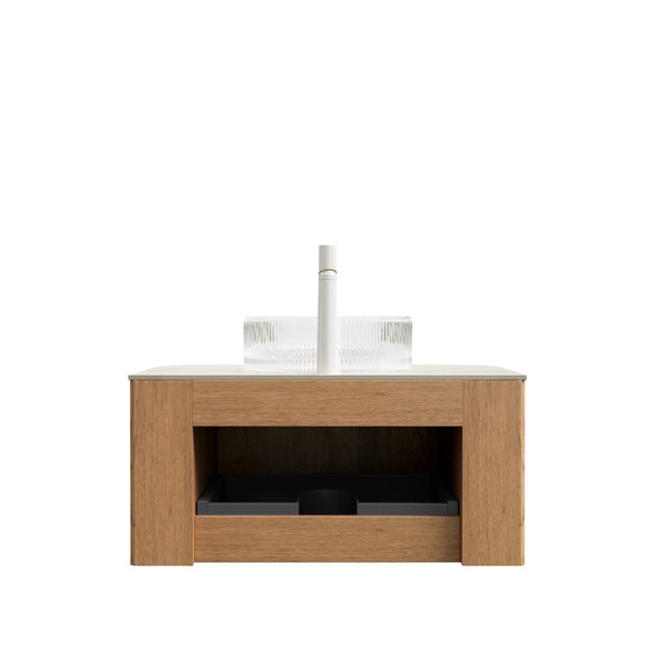 English Elm Muri Floating Bathroom Vanity Plywood Cabinet Sintered Stone Top Oak Drawer Beige,Natural Wood,Transparent W2615S00350