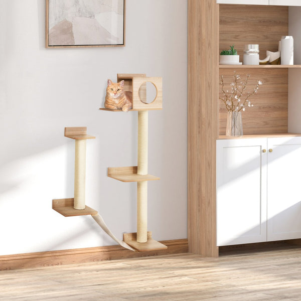 English Elm Pawhut Wall Mounted Pine Cat Tower with Sisal Posts Condo and Climbing Platforms W2225P217049