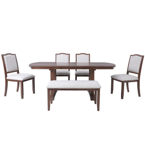 English Elm 6-piece Extendable Wood Dining Set with Linen Upholstered Chairs Bench Seats Eight Cherry N752S000097C