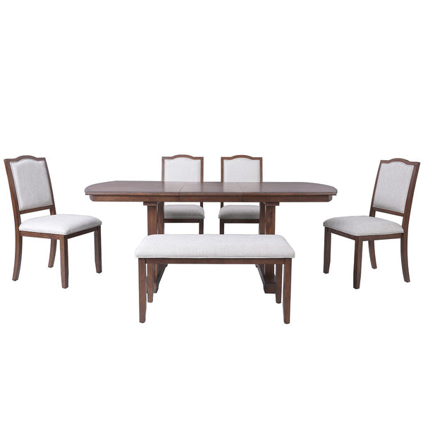 English Elm 6-piece Extendable Wood Dining Set with Linen Upholstered Chairs Bench Seats Eight Cherry N752S000097C