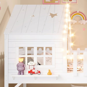 English Elm Twin Playhouse Loft Bed Solid Pine Frame with Slide Led Lights and Star Roof White W5316S00004
