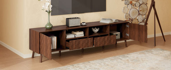 English Elm 78 Inch Walnut Entertainment Center Fluted Doors Solid Wood Legs for Living Room N710P372591P