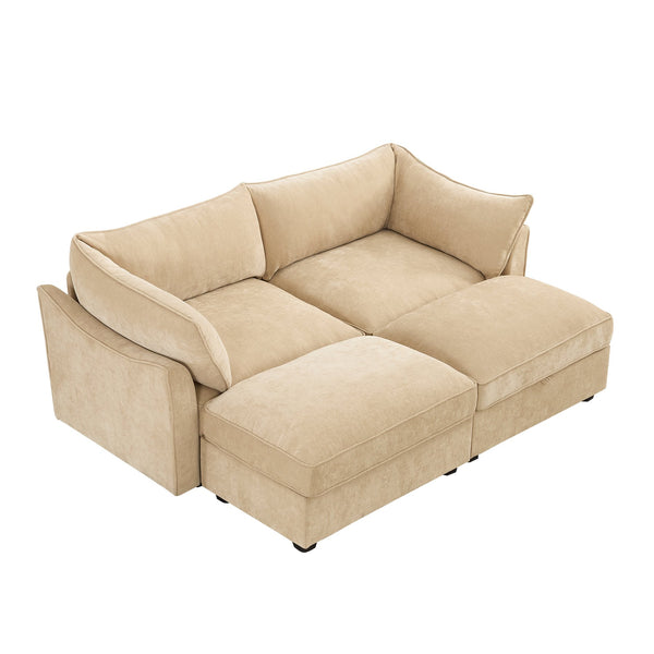 English Elm 2-Seater Sofa With 2 Movable Footstools, Stylish Chenille Fabric, Wheat Color & Hidden Storage Drawers W3041S00174