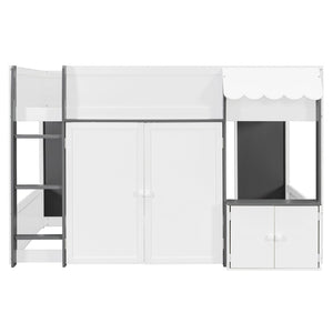 English Elm Twin House Loft Bed with Pull Out Rolling Desk Stair Drawers and Cabinet Storage White+Gray N820S00074E