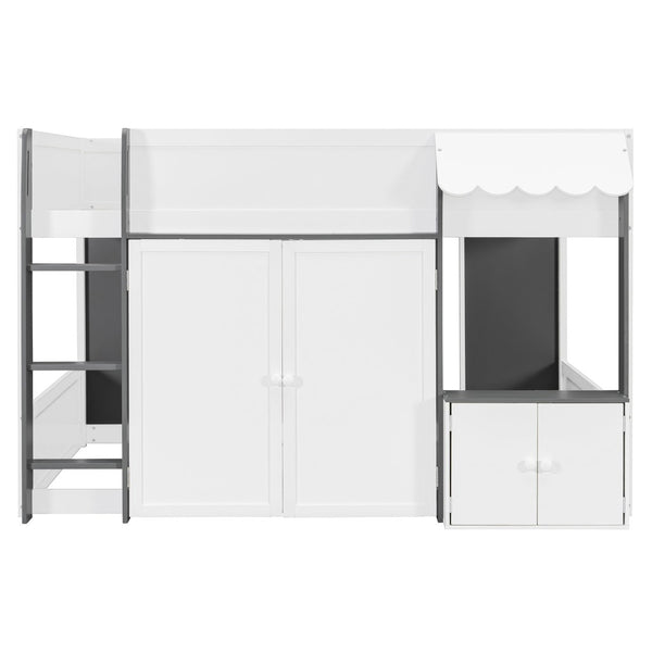 English Elm Twin House Loft Bed with Pull Out Rolling Desk Stair Drawers and Cabinet Storage White+Gray N820S00074E