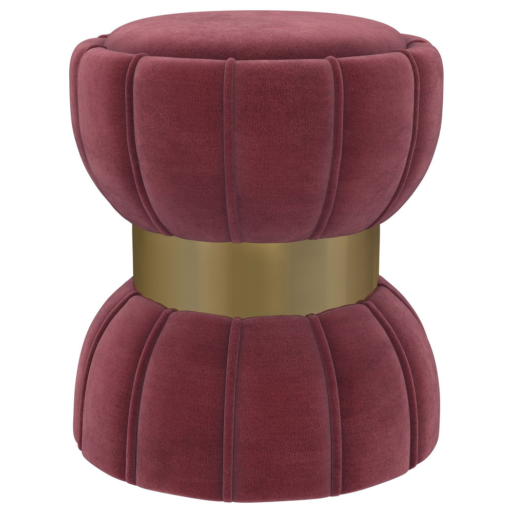 English Elm 1pc Chic Round Upholstered Ottoman Pouf Velvet Soft Vertical Piping Hourglass Silhouette Metal Band Trim Gold,Reddish Brown 18 L x 15.5 W x 15.5 H B011P362629