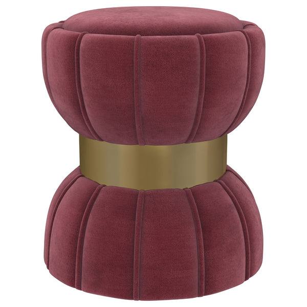 English Elm 1pc Chic Round Upholstered Ottoman Pouf Velvet Soft Vertical Piping Hourglass Silhouette Metal Band Trim Gold,Reddish Brown 18 L x 15.5 W x 15.5 H B011P362629
