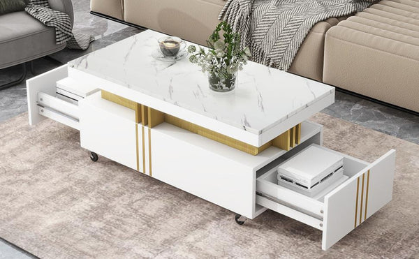 English Elm Faux Marble Rectangular Coffee Table with Gold Bars Drawers and Caster Wheels White WF305961AAK