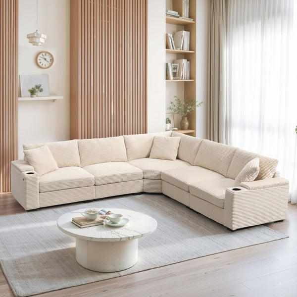English Elm 104" Corduroy L-shaped Sectional with Usb Charging Armrest Storage and Cup Holders Beige N723S1187A