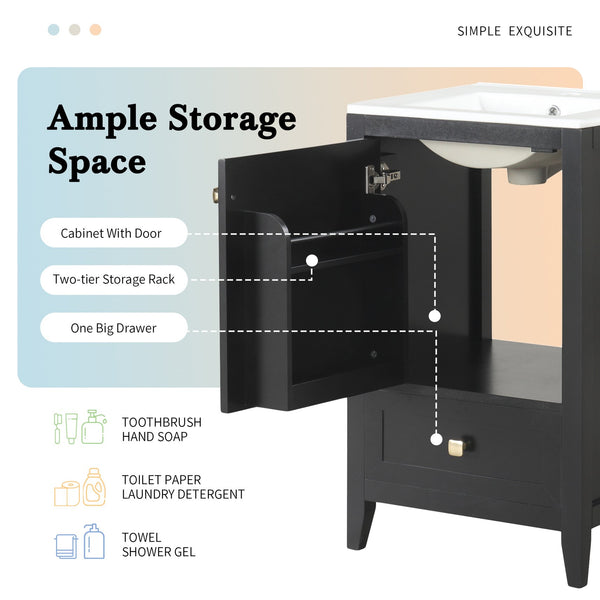 English Elm 20" Modern Bathroom Vanity With Ceramic Sink, Soft-Close Door, Drawer & Storage Rack In Black Finish N725P185452B