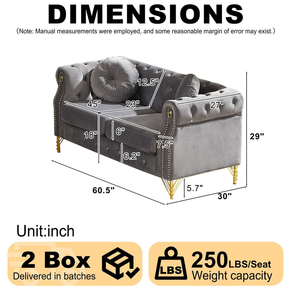English Elm 60.5-inch Crushed Velvet Chesterfield Sofa Tufted Button Design with Copper Stud Trim Grey W834S00621