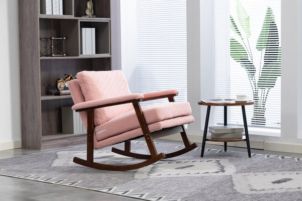 English Elm Mid Century Modern Rocking Chair Solid Wood Frame Upholstered Seat with Lumbar Cushion Light Pink W2530P419008