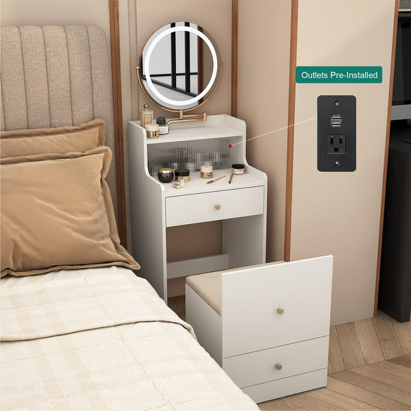 English Elm 3 3 in 1 Vanity Desk with Lighted Mirror, Charging Station, Upholstered Stool, 2 Drawers & Hidden Storage W1321P243134