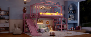 English Elm Twin Metal Loft Bed with Built-in Wardrobe Storage Stairs Led Lights and Usb Ports W5316S00046
