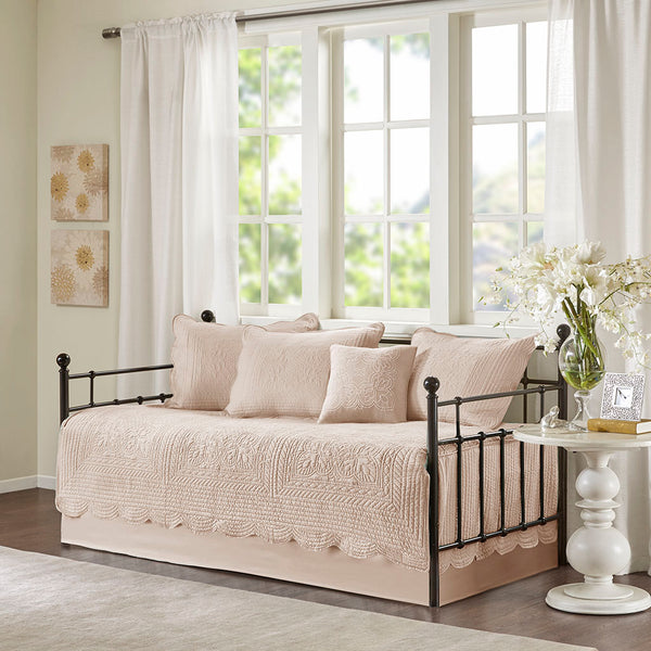 JLA Home Madison Park - 6 Piece Scalloped Daybed Cover Set with Embroidered Pillow, Antimicrobial Finish, Twin Fit Elegance Blush MP13-6463