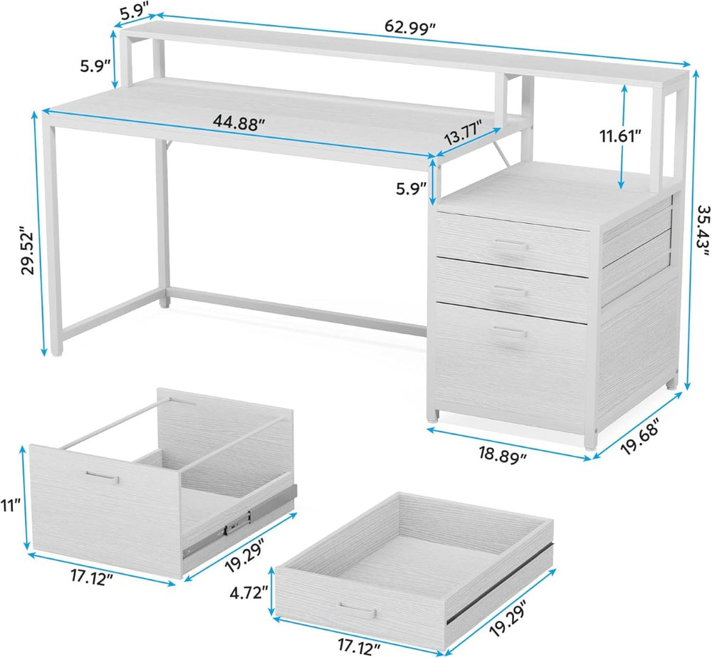 English Elm Sturdy Two-tier Computer Desk with File Cabinet and Monitor Riser for Home Office T3971P450718