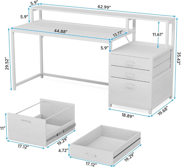 English Elm Sturdy Two-tier Computer Desk with File Cabinet and Monitor Riser for Home Office T3971P450718