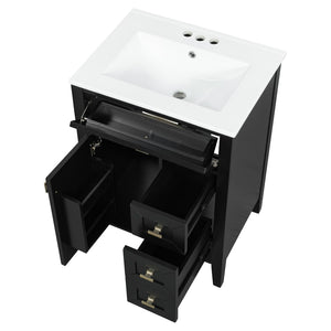 English Elm "24'' 24 Inch Glossy Freestanding Bathroom Vanity with Gold Hardware and Soft Close Storage Black Rubberwood N725P448529B