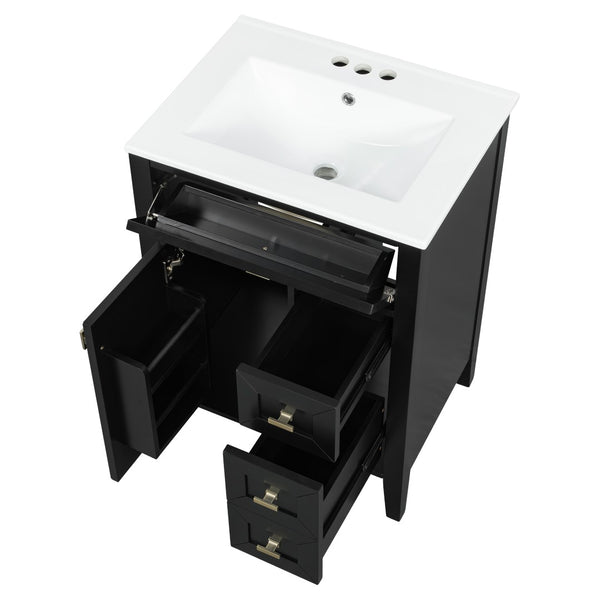 English Elm "24'' 24 Inch Glossy Freestanding Bathroom Vanity with Gold Hardware and Soft Close Storage Black Rubberwood N725P448529B