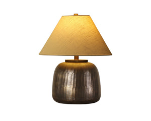 Sunpan PRADIVA Table Lamp - Hand-Hammered Metal Base with Antique Brass Finish, Tapered Linen Shade for Cozy Glow 112231