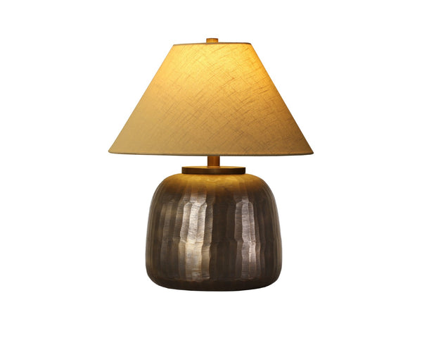 Sunpan PRADIVA Table Lamp - Hand-Hammered Metal Base with Antique Brass Finish, Tapered Linen Shade for Cozy Glow 112231