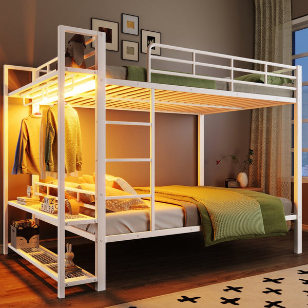 English Elm Full Size Metal Bunk Bed With Led Lights, Storage Shelves & Hooks - Stylish Space-Saver In White N7090000667K
