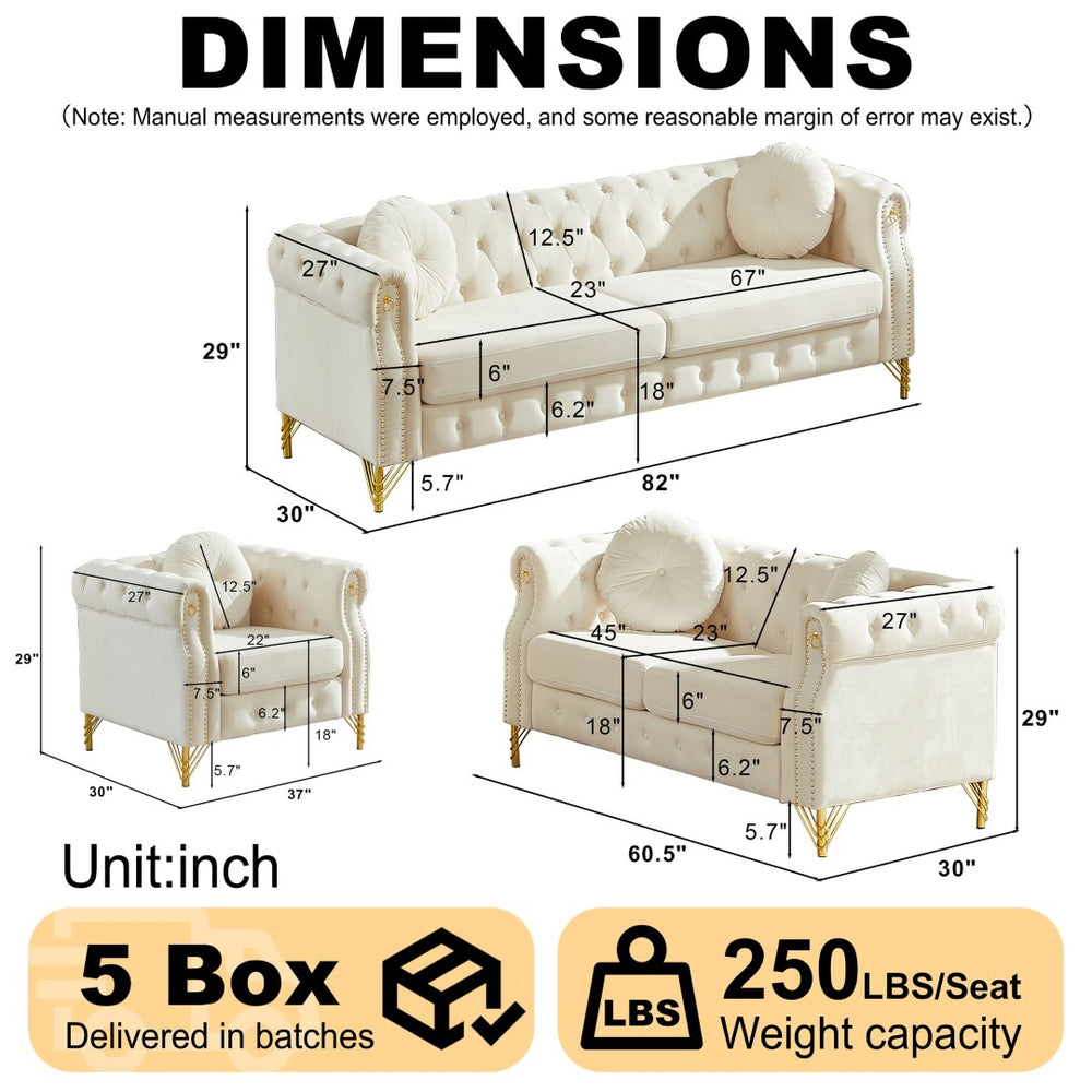 English Elm Velvet Chesterfield Tufted Sofa with Copper Stud Trim and Gold Legs for Glam Living Beige W834S00629