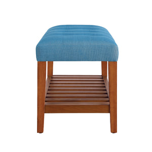 English Elm Fabric Upholstered Bench with Tufted Padded Seat, Open Lower Shelf, Tapered Wood Legs, 43"L Blue,Oak B016P311078