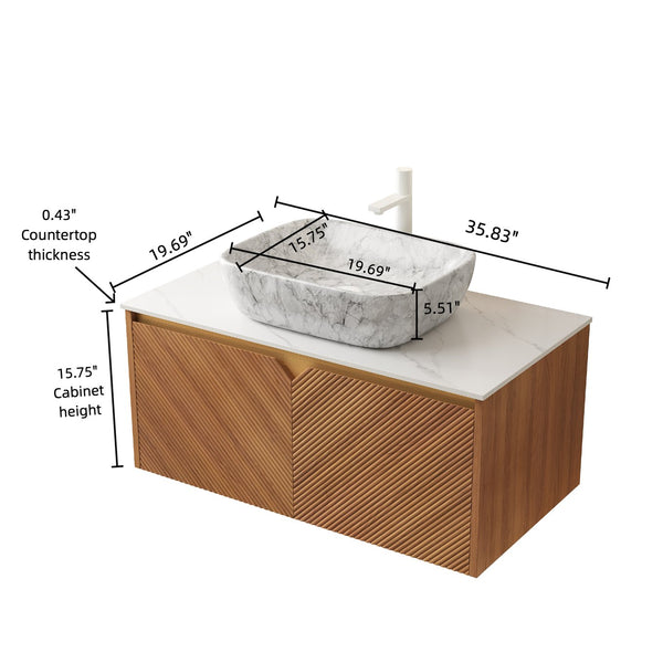 English Elm RUBEN 36" Bathroom Vanity with High-Hardness Marble Ceramic Basin, Twill Wood Doors & Soft-Close SystemRUBEN 36" Bathroom Vanity with High-Hardness Marble Ceramic Basin, Twill Wood Doors & Soft-Close System Brown Oak,Carrara White,Stone Gray W2615S00319
