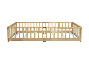English Elm Queen Floor Bed with Safety Fence and Guardrails, Rubberwood Low Profile Platform for Kids Natural W504P286389