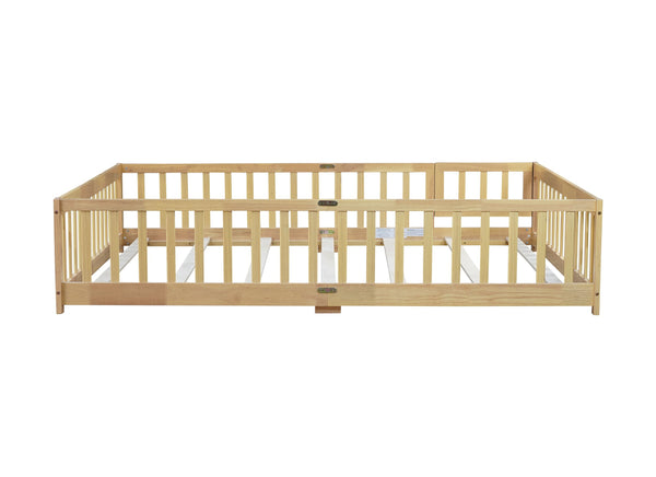 English Elm Queen Floor Bed with Safety Fence and Guardrails, Rubberwood Low Profile Platform for Kids Natural W504P286389