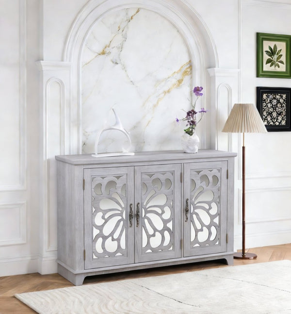 English Elm 49.33" Mirrored Lattice Buffet Cabinet with Adjustable Shelves Vintage Wood Grain Sideboard Light Gray W2899P372742