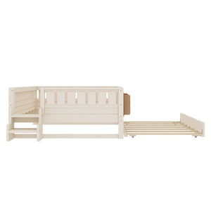 English Elm Twin Kids Platform Bed with Trundle Staircase Bookshelf and Rounded Safety Rails Beige W1580S00559