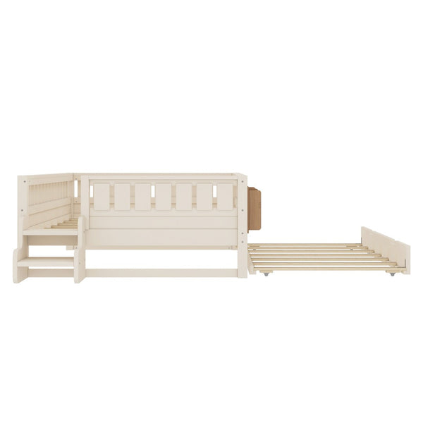 English Elm Twin Kids Platform Bed with Trundle Staircase Bookshelf and Rounded Safety Rails Beige W1580S00559