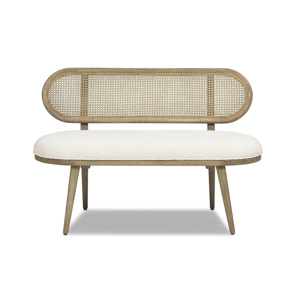 English Elm Jennifer Taylor Home - Havana 42" Cane Rattan Upholstered Bench Settee in Ivory Boucle — Eco Rubberwood, 400lb Capacity, Cozy Upholstery B2719P238287