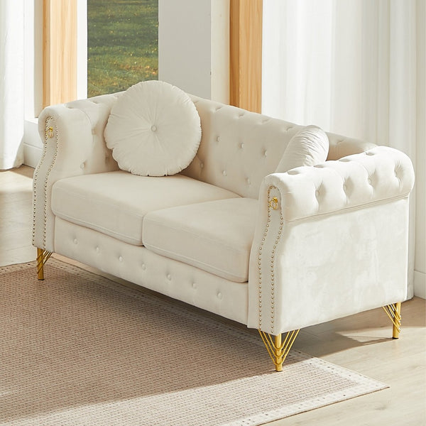 English Elm 60.5-inch Crushed Velvet Chesterfield Sofa Tufted Button Design with Copper Stud Trim Beige W834S00620