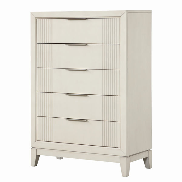 English Elm 1pc Chest Transitional Weathered Finish 5-Drawer Tall Dresser with Dentil Molding and Metal Knobs Antique White 40 L x 20 W x 52 H B2741P370394