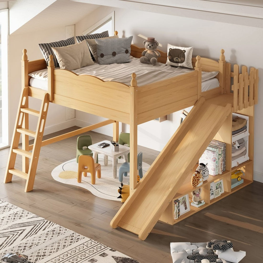 English Elm Queen Loft Bed With Detachable Slide, Storage Shelves & Cabinet - Solid Wood For Fun & Space Savvy! W1580S00250-GIGA